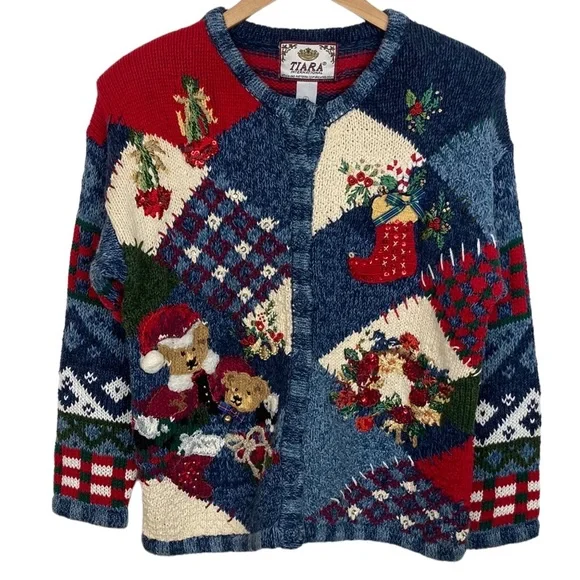 Pull De Noël Vintage Tiara Taille PL Rouge - Brodé Bonhommes De Neige, Fermeture Zip